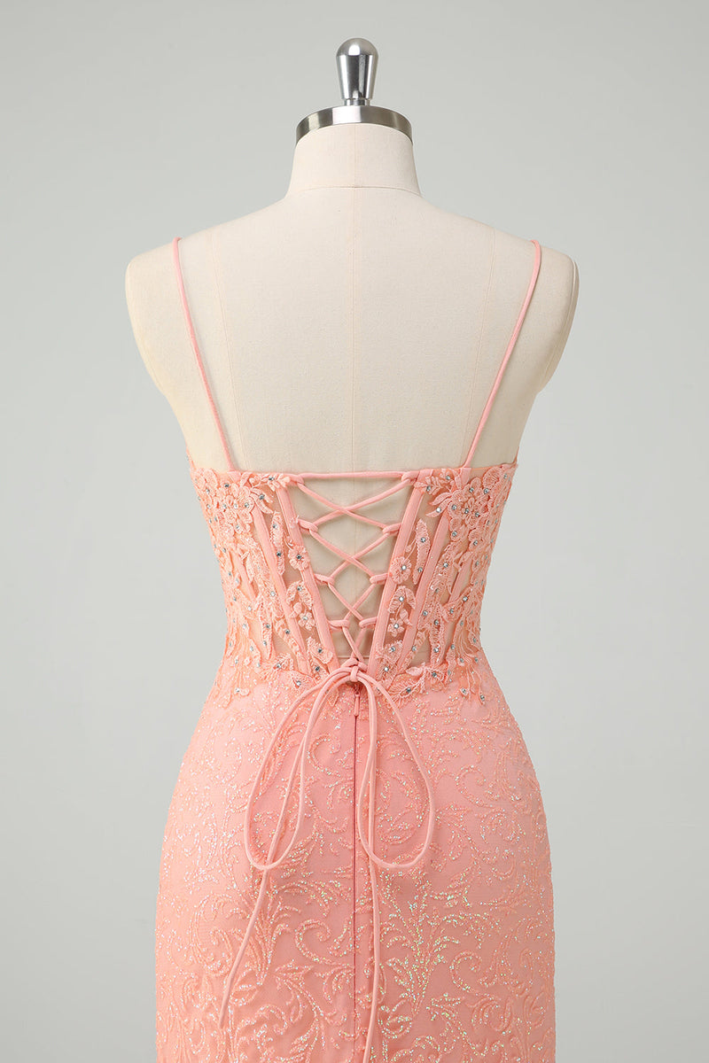 Laden Sie das Bild in den Galerie-Viewer, Orange Meerjungfrau Spaghettiträger Korsett Pailletten Langes Ballkleid