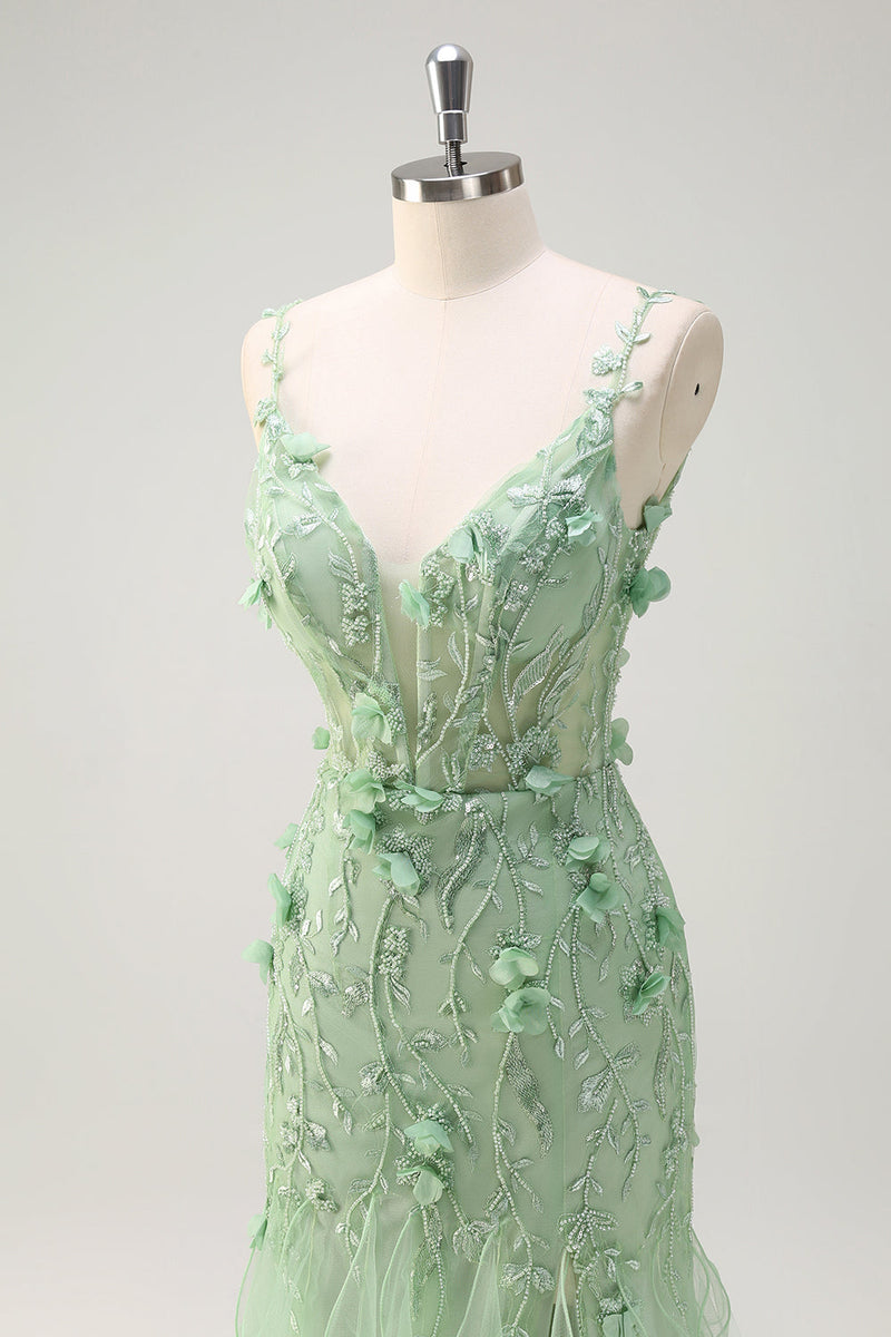 Laden Sie das Bild in den Galerie-Viewer, Grüne Meerjungfrau Spaghettiträger 3D Blumen Langes Ballkleid mit Schlitz