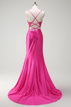 Glitzer Fuchsia Perlen Korsett Spaghettiträger Lange Abendkleid