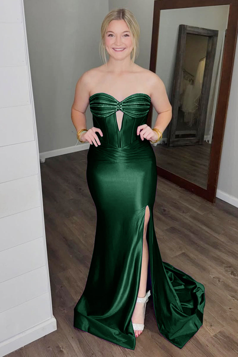Laden Sie das Bild in den Galerie-Viewer, Glitzer Dunkelgrün Korsett Satin Langes Ballkleid mit Schlitz