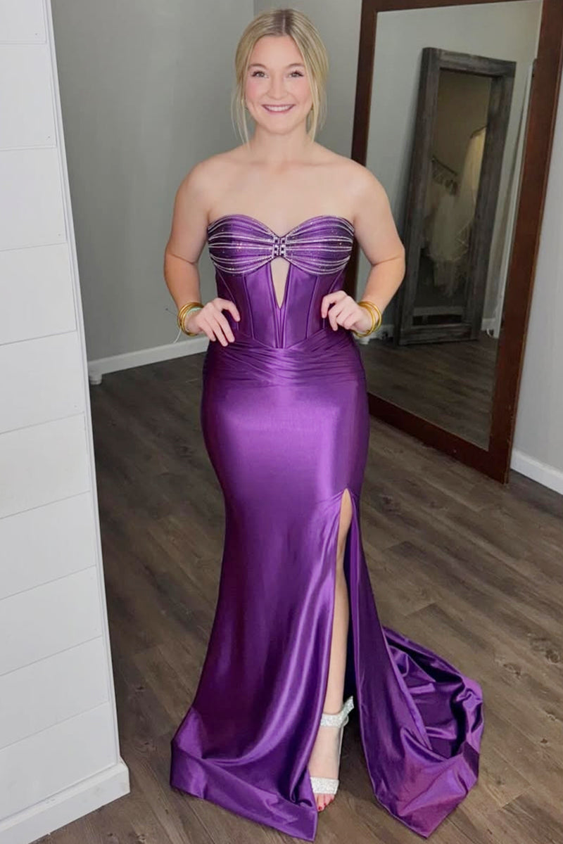 Laden Sie das Bild in den Galerie-Viewer, Glitzer Dunkelgrün Korsett Satin Langes Ballkleid mit Schlitz