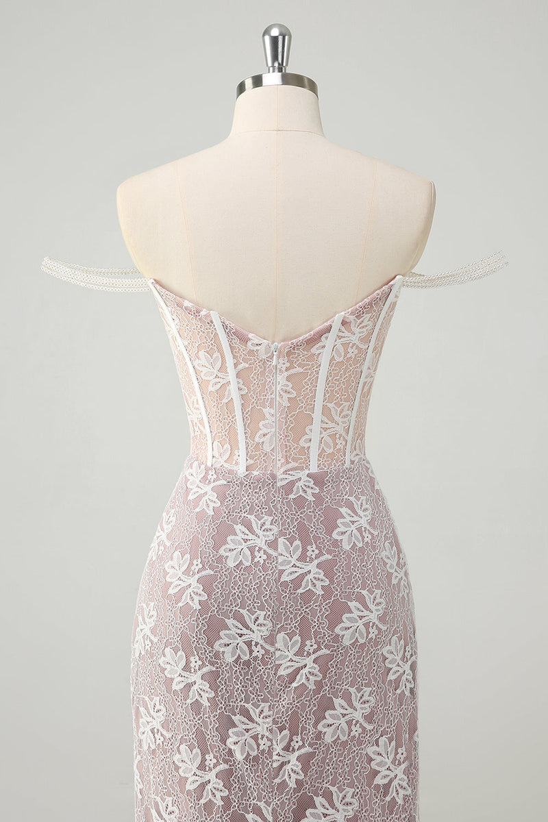 Laden Sie das Bild in den Galerie-Viewer, Glitzer Weißes Schulterfreies Spitzen Korsett Langes Ballkleid mit Schlitz