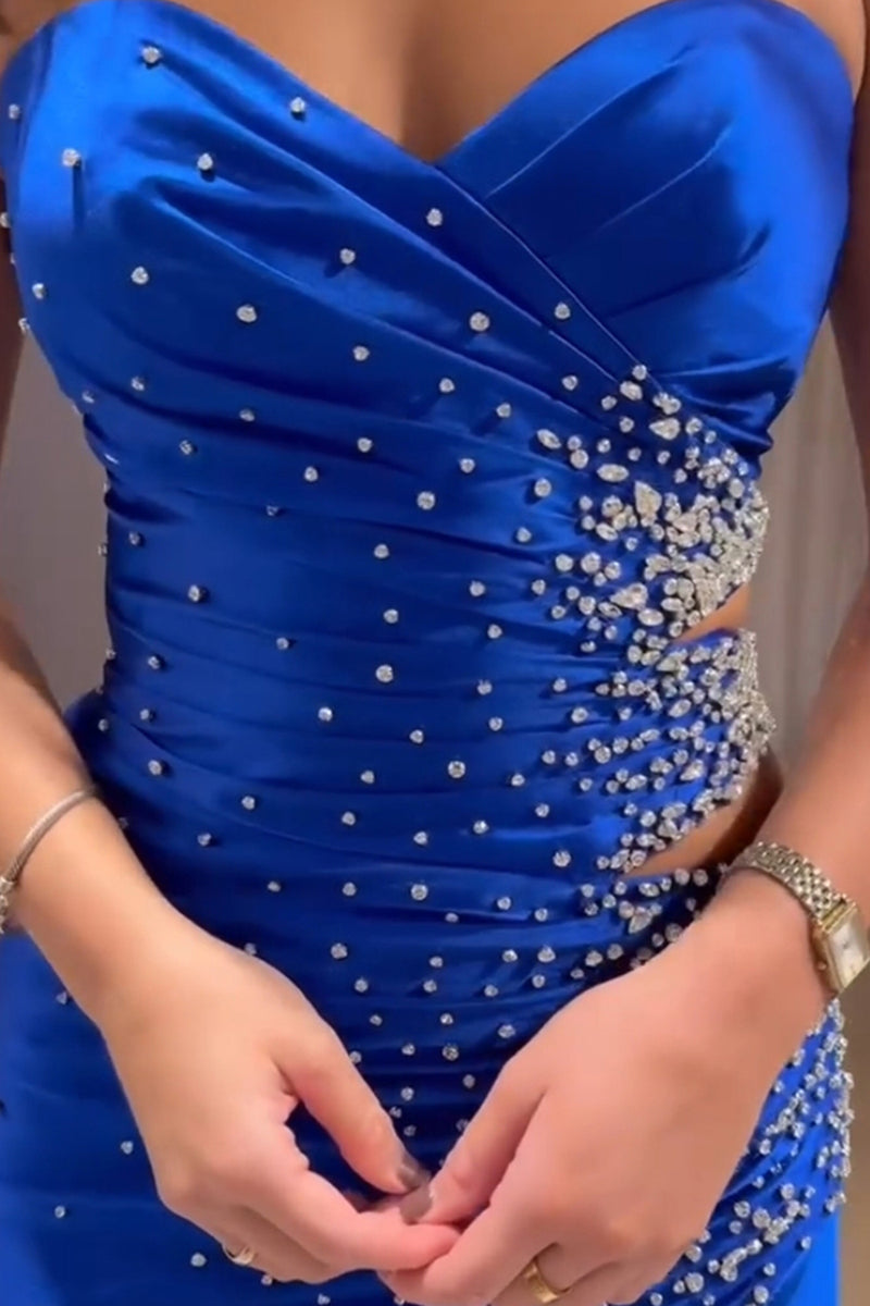 Laden Sie das Bild in den Galerie-Viewer, Schwarz Perlen Glitzer Trägerlos Lang Abendkleider mit Schlitz