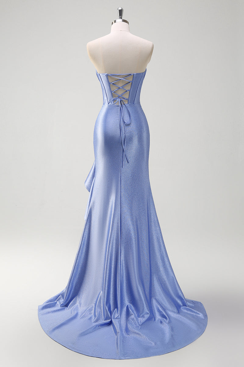 Laden Sie das Bild in den Galerie-Viewer, Glitzer Graublau Korsett Satin Lange Abendkleid mit Rüschen Schlitz