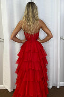 Laden Sie das Bild in den Galerie-Viewer, Rote Gestufte Schätzchen Chiffon Langes Abendkleid mit Schlitz