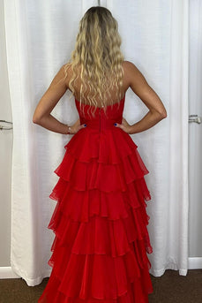 Rote Gestufte Schätzchen Chiffon Langes Abendkleid mit Schlitz