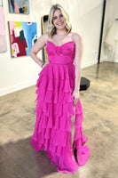 Laden Sie das Bild in den Galerie-Viewer, Rote Gestufte Schätzchen Chiffon Langes Abendkleid mit Schlitz