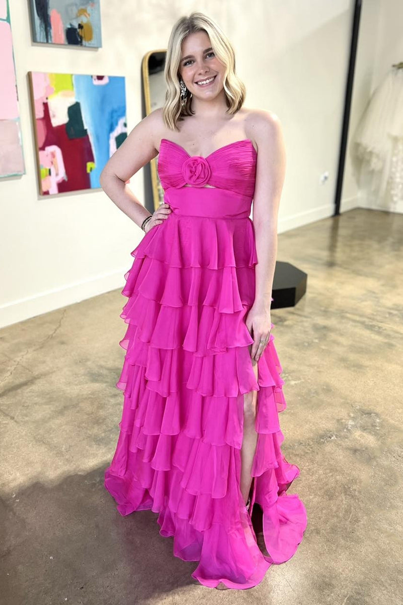 Laden Sie das Bild in den Galerie-Viewer, Rote Gestufte Schätzchen Chiffon Langes Abendkleid mit Schlitz