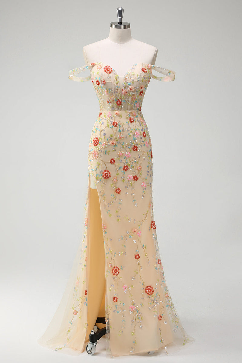 Laden Sie das Bild in den Galerie-Viewer, Glitze Champagner Schulterfreies Korsett Langes Ballkleid mit Schlitz