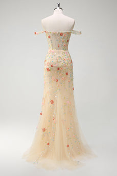 Glitze Champagner Schulterfreies Korsett Langes Ballkleid mit Schlitz