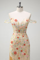 Laden Sie das Bild in den Galerie-Viewer, Glitze Champagner Schulterfreies Korsett Langes Ballkleid mit Schlitz