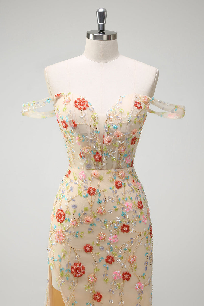 Laden Sie das Bild in den Galerie-Viewer, Glitze Champagner Schulterfreies Korsett Langes Ballkleid mit Schlitz