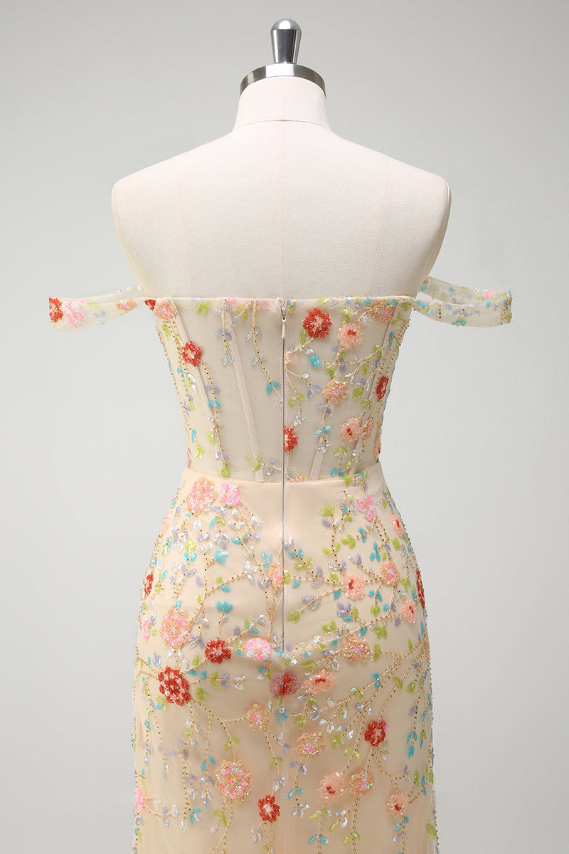 Laden Sie das Bild in den Galerie-Viewer, Glitze Champagner Schulterfreies Korsett Langes Ballkleid mit Schlitz