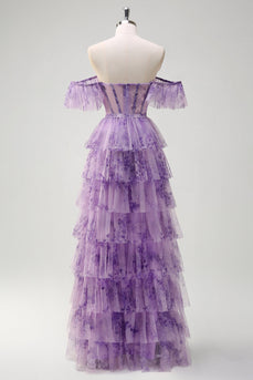 Lila A Linie Korsett Blumen Gestaffelt Langes Ballkleid mit Schlitz