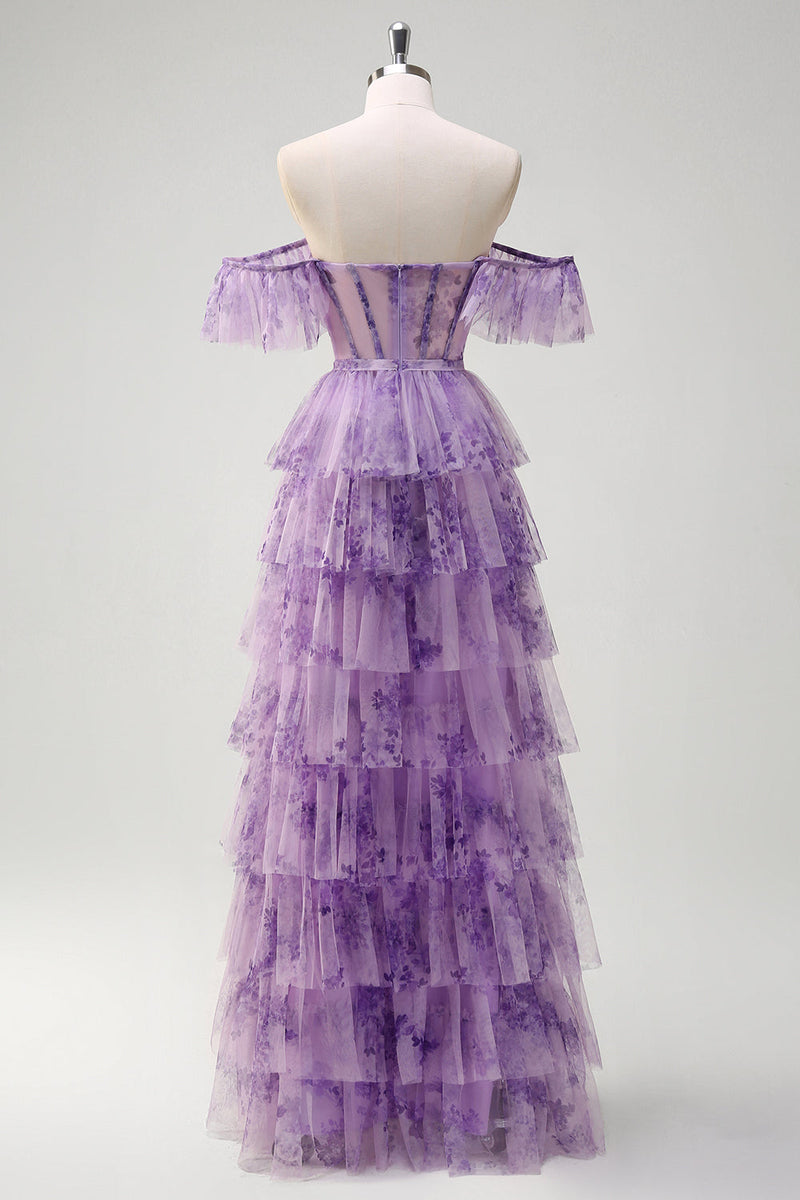 Laden Sie das Bild in den Galerie-Viewer, Lila A Linie Korsett Blumen Gestaffelt Langes Ballkleid mit Schlitz