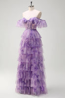 Laden Sie das Bild in den Galerie-Viewer, Lila A Linie Korsett Blumen Gestaffelt Langes Ballkleid mit Schlitz