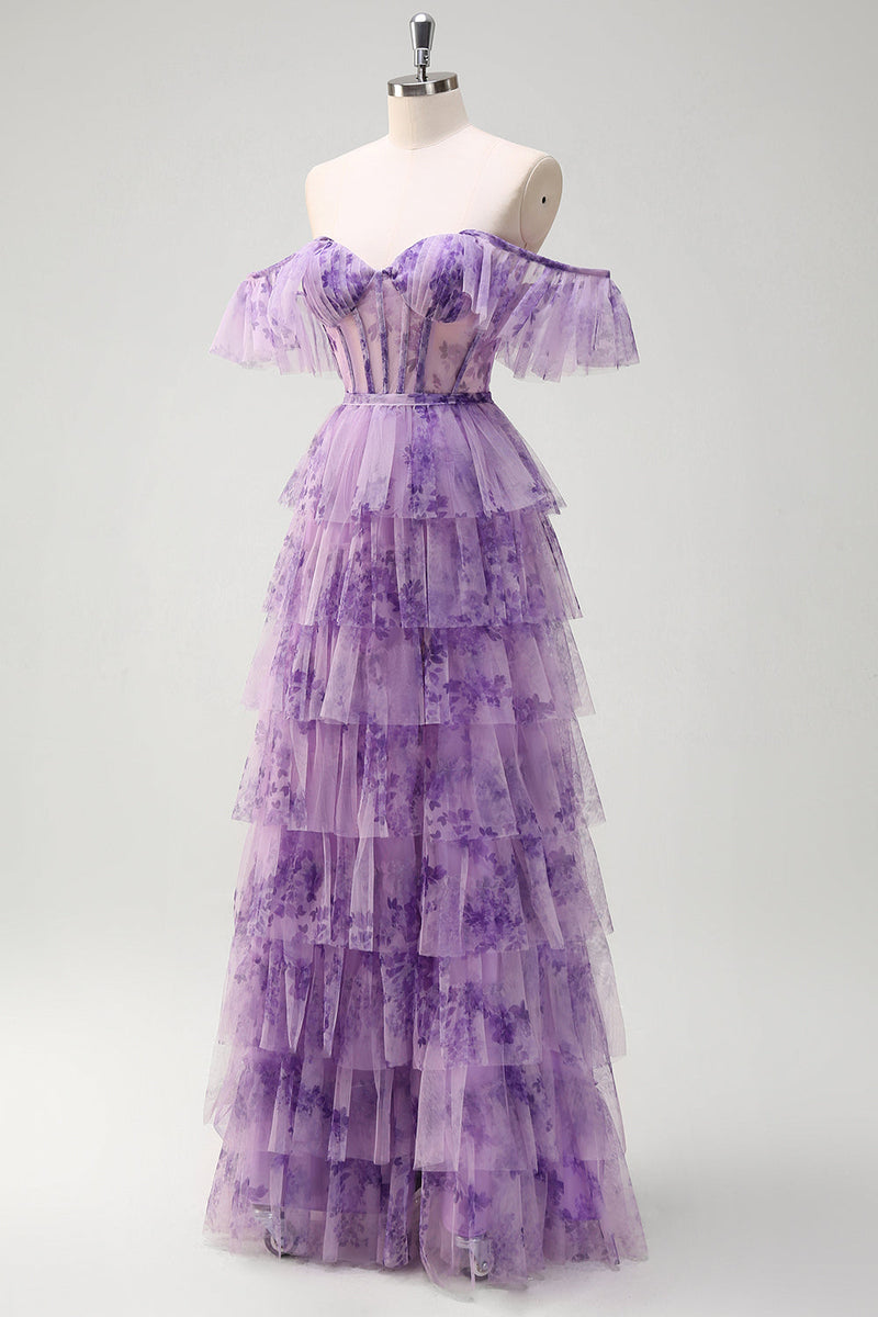 Laden Sie das Bild in den Galerie-Viewer, Lila A Linie Korsett Blumen Gestaffelt Langes Ballkleid mit Schlitz