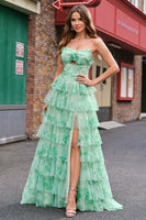 Laden Sie das Bild in den Galerie-Viewer, Grün Bedrucktes A Linien Trägerlos Langes Ballkleid mit Schlitz