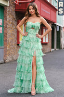 Laden Sie das Bild in den Galerie-Viewer, Grün Bedrucktes A Linien Trägerlos Langes Ballkleid mit Schlitz