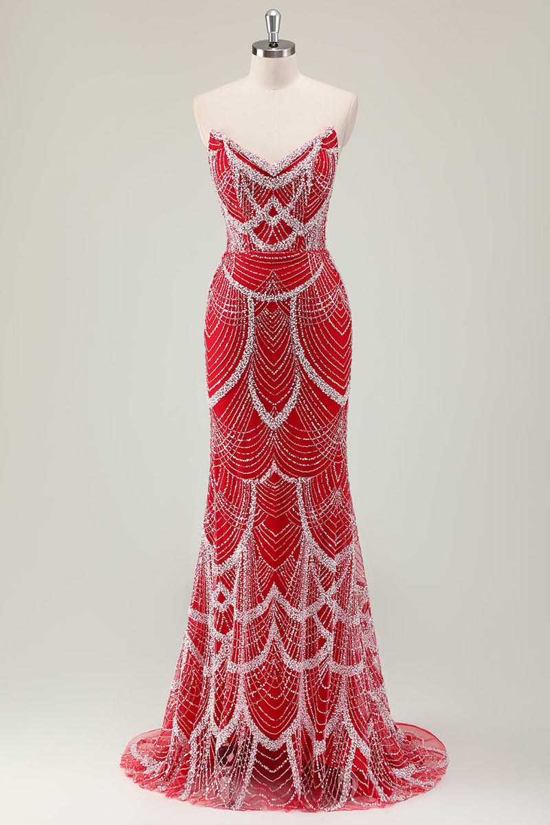 Laden Sie das Bild in den Galerie-Viewer, Glitzer Dunkelgrün Korsett Meerjungfrau Langes Abendkleider mit Perlen