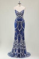 Laden Sie das Bild in den Galerie-Viewer, Glitzer Dunkelgrün Korsett Meerjungfrau Langes Abendkleider mit Perlen