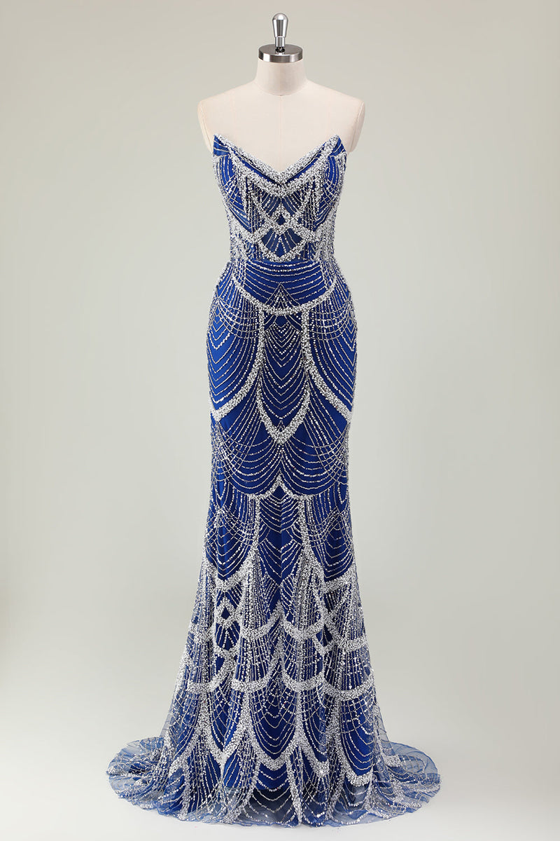 Laden Sie das Bild in den Galerie-Viewer, Glitzer Dunkelgrün Korsett Meerjungfrau Langes Abendkleider mit Perlen