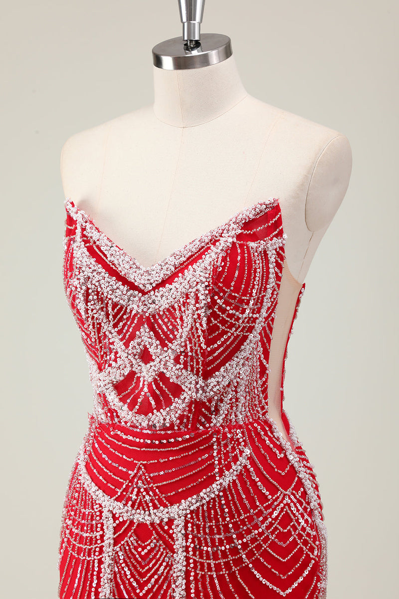 Laden Sie das Bild in den Galerie-Viewer, Glitzer Dunkelgrün Korsett Meerjungfrau Langes Abendkleider mit Perlen