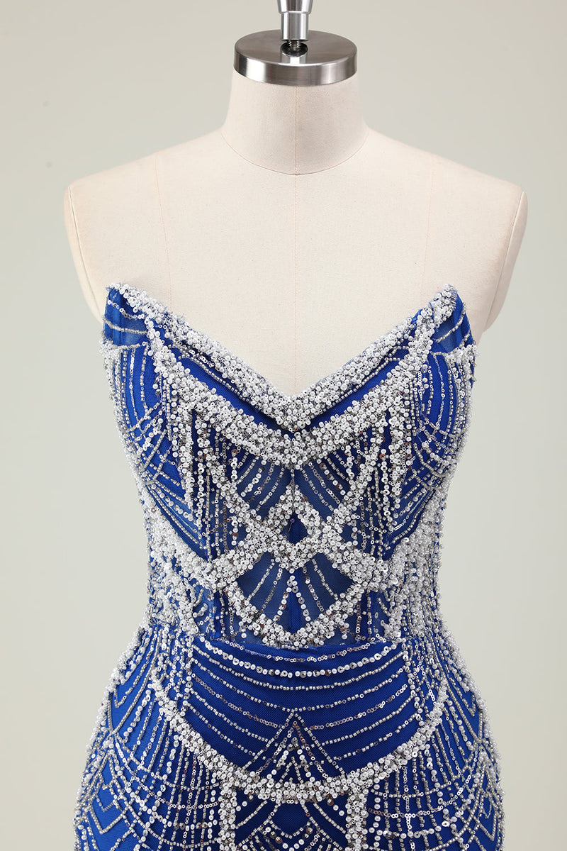 Laden Sie das Bild in den Galerie-Viewer, Glitzer Dunkelgrün Korsett Meerjungfrau Langes Abendkleider mit Perlen