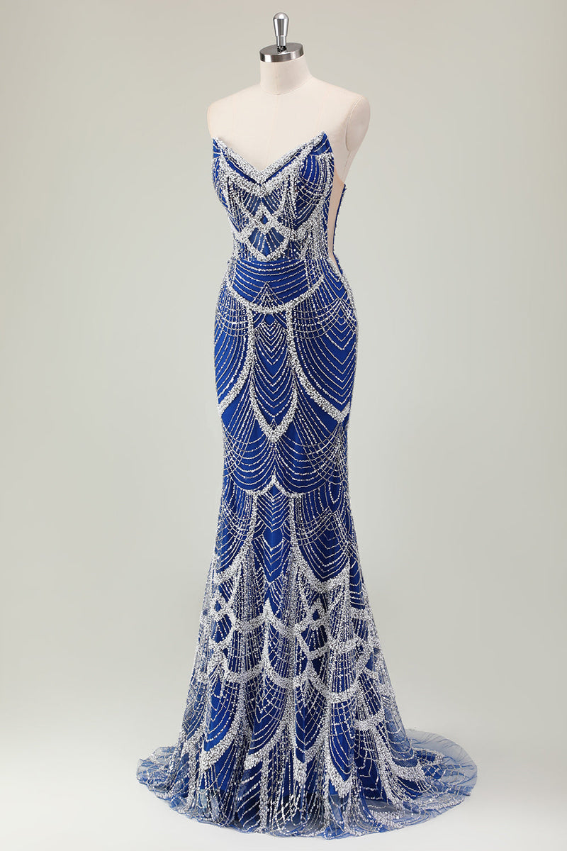 Laden Sie das Bild in den Galerie-Viewer, Glitzer Dunkelgrün Korsett Meerjungfrau Langes Abendkleider mit Perlen