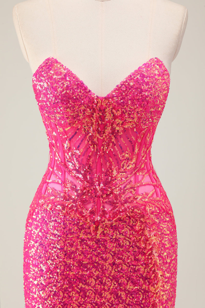 Laden Sie das Bild in den Galerie-Viewer, Glitzer Rosa Meerjungfrauenträgerloses Langes Abendkleider mit Schlitz