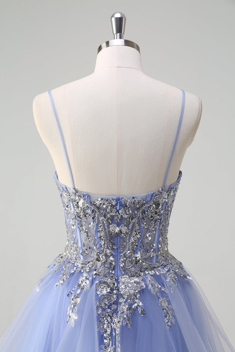 Laden Sie das Bild in den Galerie-Viewer, Glitzer Hellblau A Linien Spaghettiträger Tüll Langes Ballkleid mit Rüschen