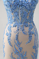 Laden Sie das Bild in den Galerie-Viewer, Blaues Glitzer Korsett Lang Abendkleider mit Applikationen