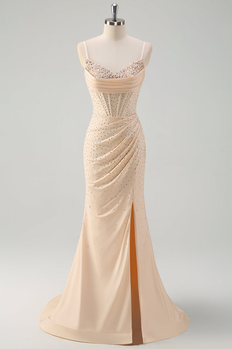 Laden Sie das Bild in den Galerie-Viewer, Glitzer Gelbes Korsett Langes Abendkleider Spaghettiträger Ballkleid mit Perlen