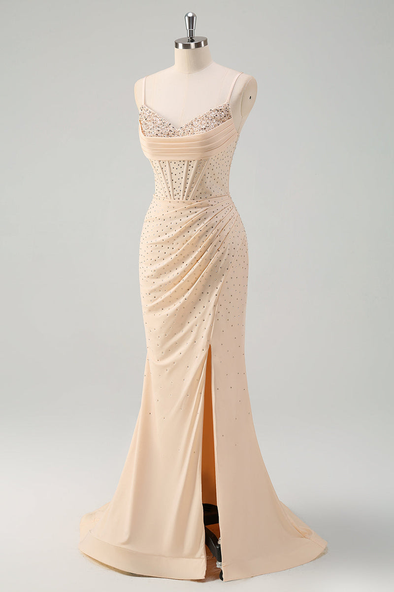 Laden Sie das Bild in den Galerie-Viewer, Glitzer Gelbes Korsett Langes Abendkleider Spaghettiträger Ballkleid mit Perlen