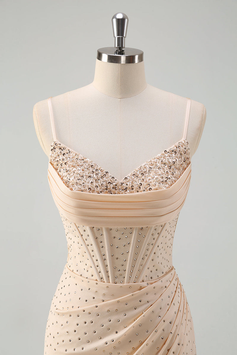 Laden Sie das Bild in den Galerie-Viewer, Glitzer Gelbes Korsett Langes Abendkleider Spaghettiträger Ballkleid mit Perlen