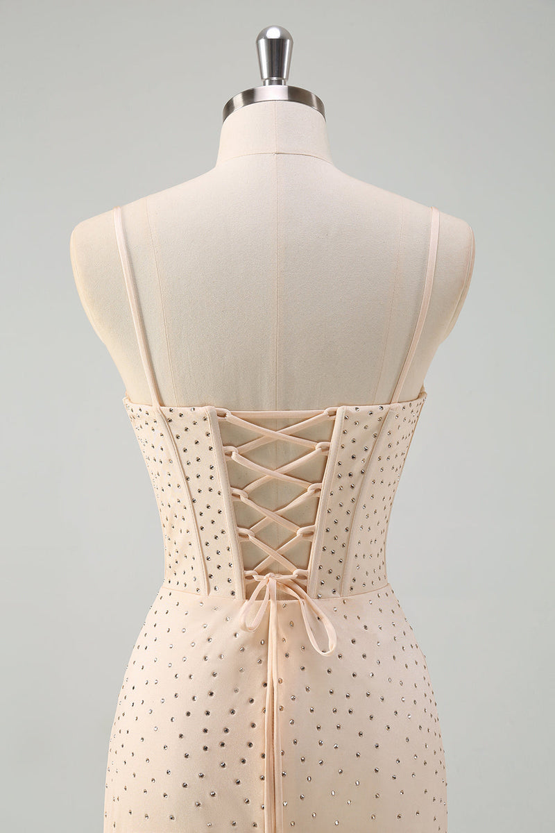 Laden Sie das Bild in den Galerie-Viewer, Glitzer Gelbes Korsett Langes Abendkleider Spaghettiträger Ballkleid mit Perlen