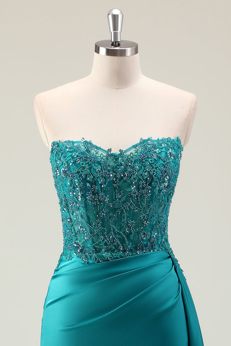 Laden Sie das Bild in den Galerie-Viewer, Grünes Korsett Perlen Langes Abendkleider mit Spitze