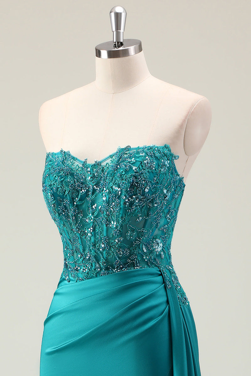 Laden Sie das Bild in den Galerie-Viewer, Grünes Korsett Perlen Langes Abendkleider mit Spitze