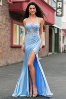 Laden Sie das Bild in den Galerie-Viewer, Blau Meerjungfrau Spaghettiträger Korsett Satin Langes Ballkleid mit Schlitz