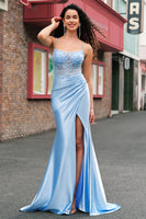 Laden Sie das Bild in den Galerie-Viewer, Blau Meerjungfrau Spaghettiträger Satin Langes Ballkleid mit Schlitz