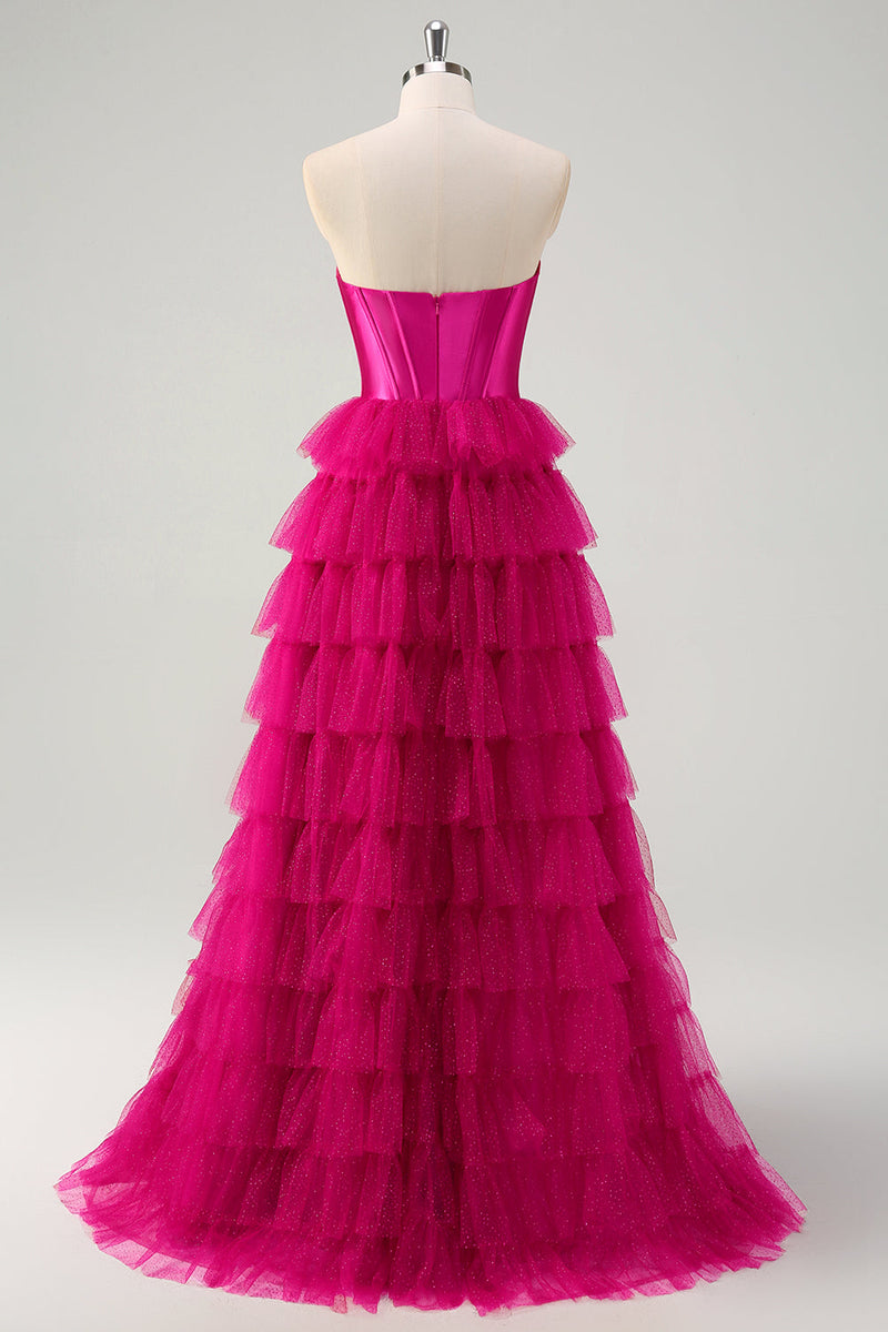Laden Sie das Bild in den Galerie-Viewer, Fuchsia A Linien Rückenfrei Tüll Korsett Langes Ballkleid mit Schlitz