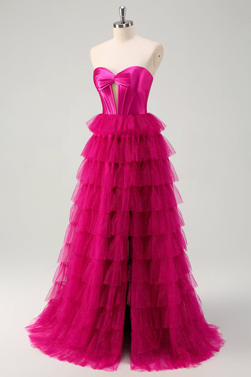 Laden Sie das Bild in den Galerie-Viewer, Fuchsia A Linien Rückenfrei Tüll Korsett Langes Ballkleid mit Schlitz