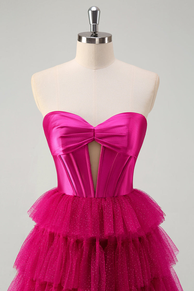 Laden Sie das Bild in den Galerie-Viewer, Fuchsia A Linien Rückenfrei Tüll Korsett Langes Ballkleid mit Schlitz