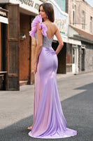 Laden Sie das Bild in den Galerie-Viewer, Glitzer Lila Meerjungfrau Eine Schulter Langes Abendkleid mit Schilitz