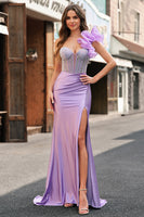 Laden Sie das Bild in den Galerie-Viewer, Glitzer Lila Meerjungfrau Eine Schulter Langes Abendkleid mit Schilitz