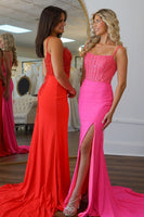 Laden Sie das Bild in den Galerie-Viewer, Glitzer Schwarze Korsett Perlen Lang Abendkleider mit Schlitz