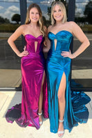 Laden Sie das Bild in den Galerie-Viewer, Metallisches Dunkelgrünes Korsett Trägerlos Lang Abendkleider