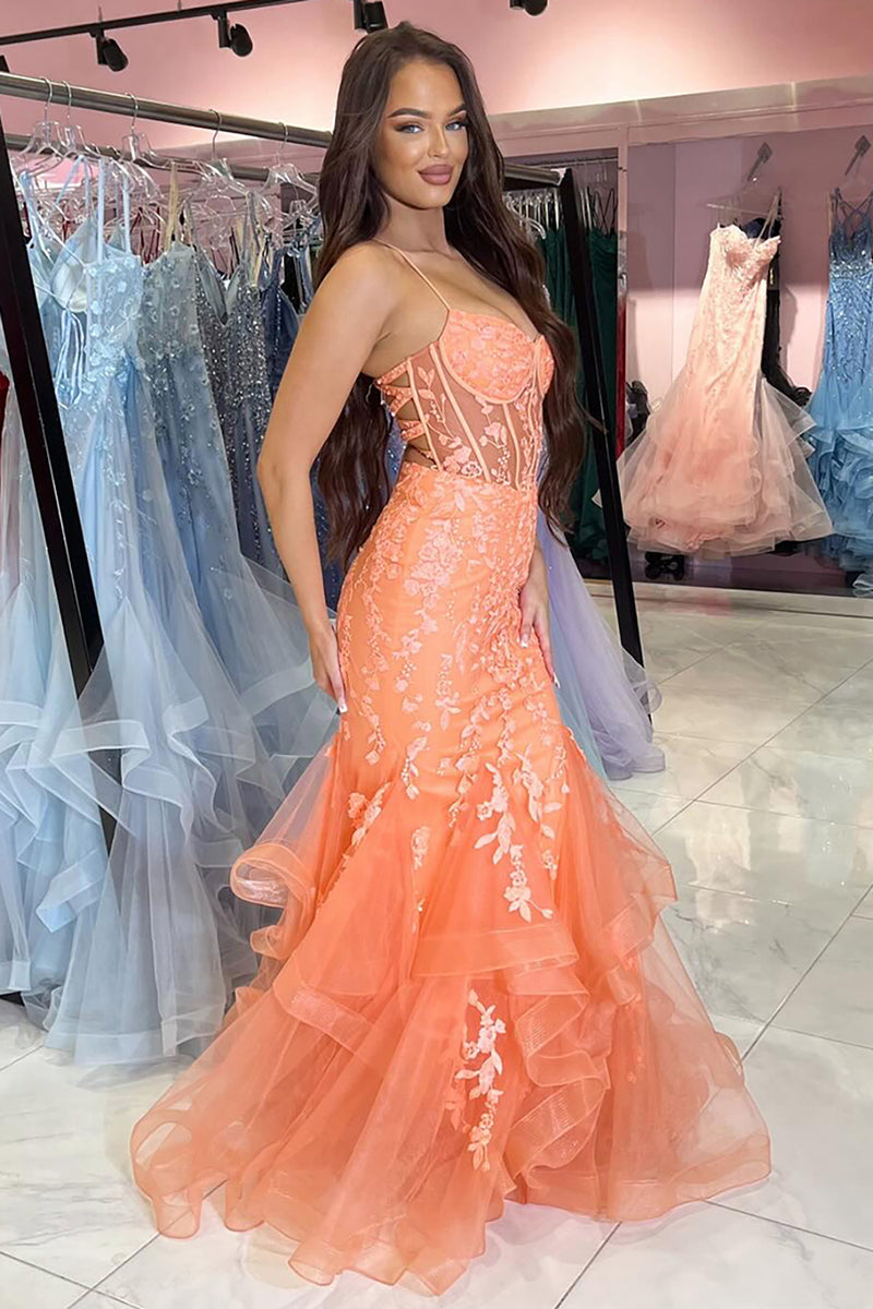 Laden Sie das Bild in den Galerie-Viewer, Blumen Orange Meerjungfrau Korsett Spaghettiträger Lange Abendkleid