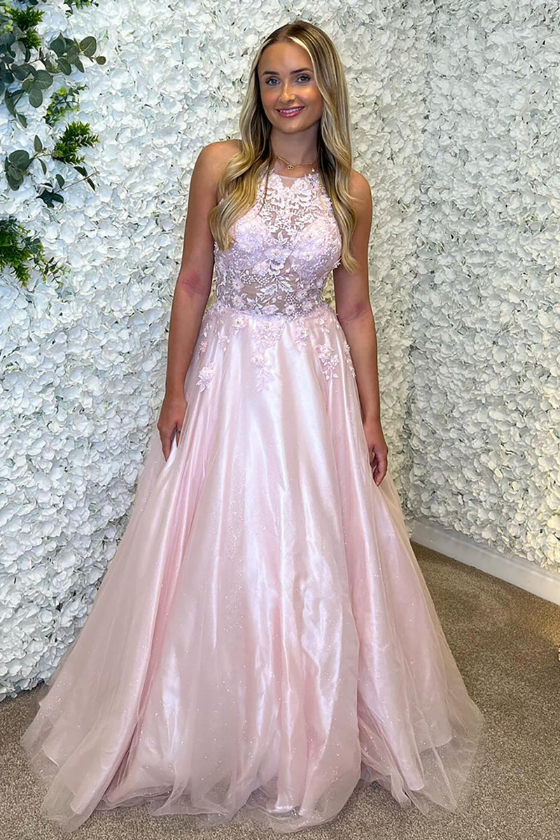 Laden Sie das Bild in den Galerie-Viewer, Glitzer Rosa Blumen A-Linie Perlen Lange Abendkleid
