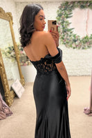 Laden Sie das Bild in den Galerie-Viewer, Schwarz Meerjungfrau Korsett Schulterfrei Lange Abendkleid mit Schlitz